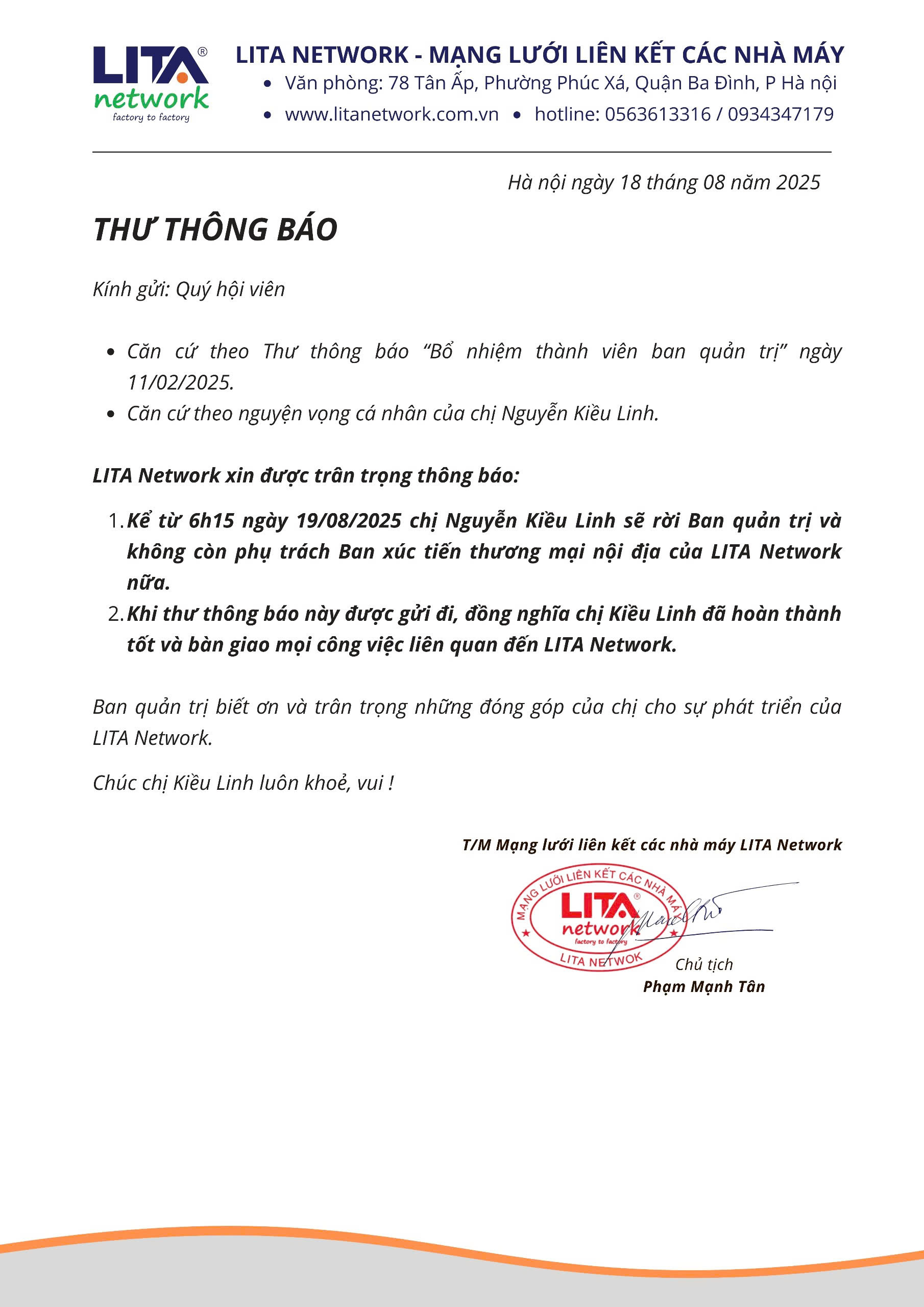 THÔNG BÁO VỀ VIỆC RỜI BAN QUẢN TRỊ LITA NETWORK